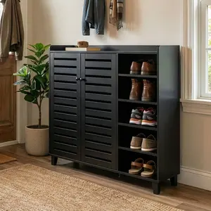 Freestanding Shoe Organizer Cabinets,Narrow Hidden Shoes Rack,Modern Farmhouse Accent Shoe Cabinet,Wooden Shoes Organizer,with Doors and Shelf,for Entryway, Hallway, Living Room (Black)