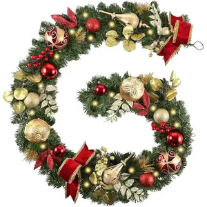 9 Feet Pre-Lit Christmas with Lights for Mantle, Lighted Xmas with Red Gold Ribbons for Home Stairs Fireplace Table Centerpiece Indoor Holiday Party Decor