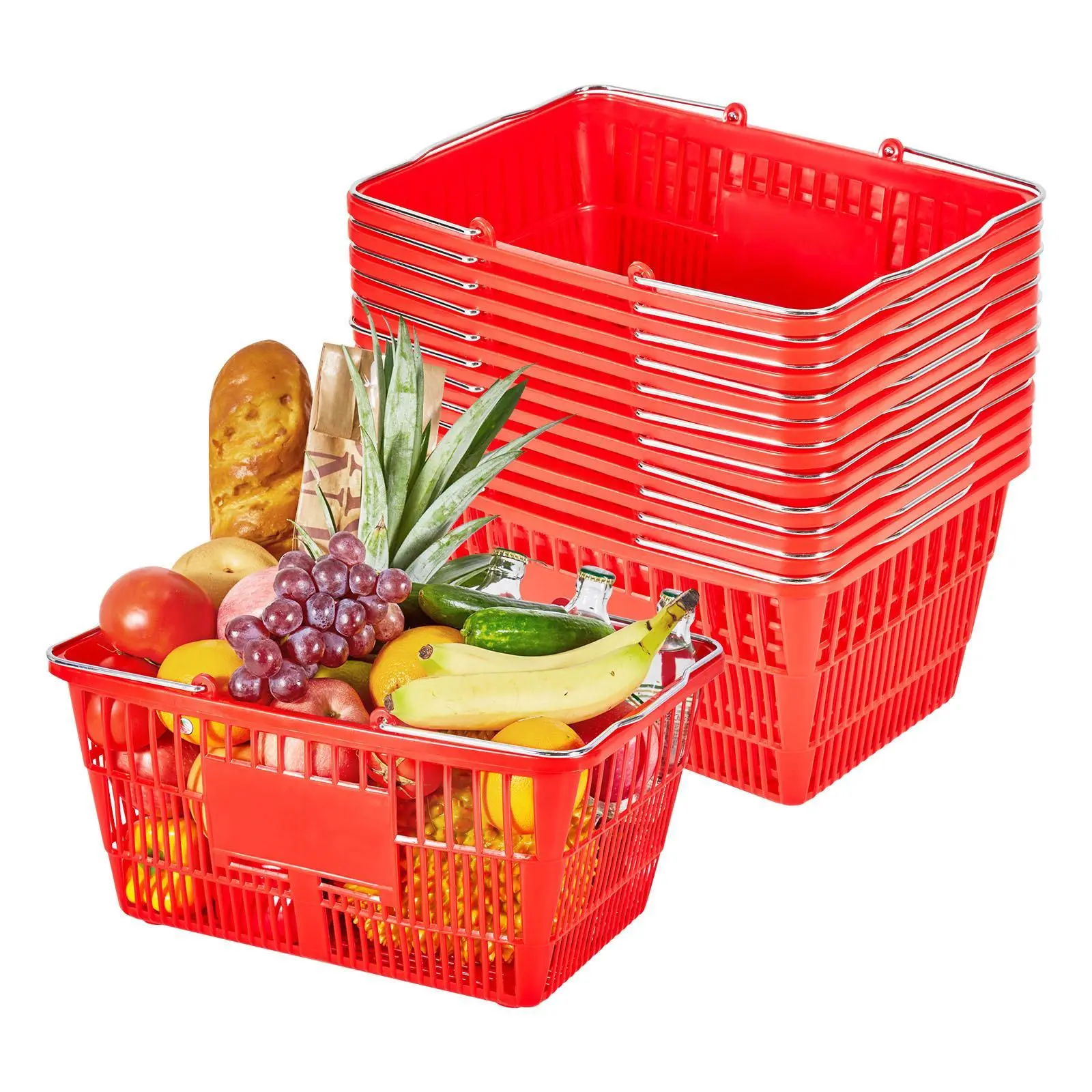 【DealsForYouDays】VEVOR 12-PC Stackable PE Plastic Mesh Storage Basket Set, 21L Dense Mesh, Dual Metal Handles, 20 lbs Capacity, Smooth Food Organizer for Home Use (Red) [Father's Day Gift]