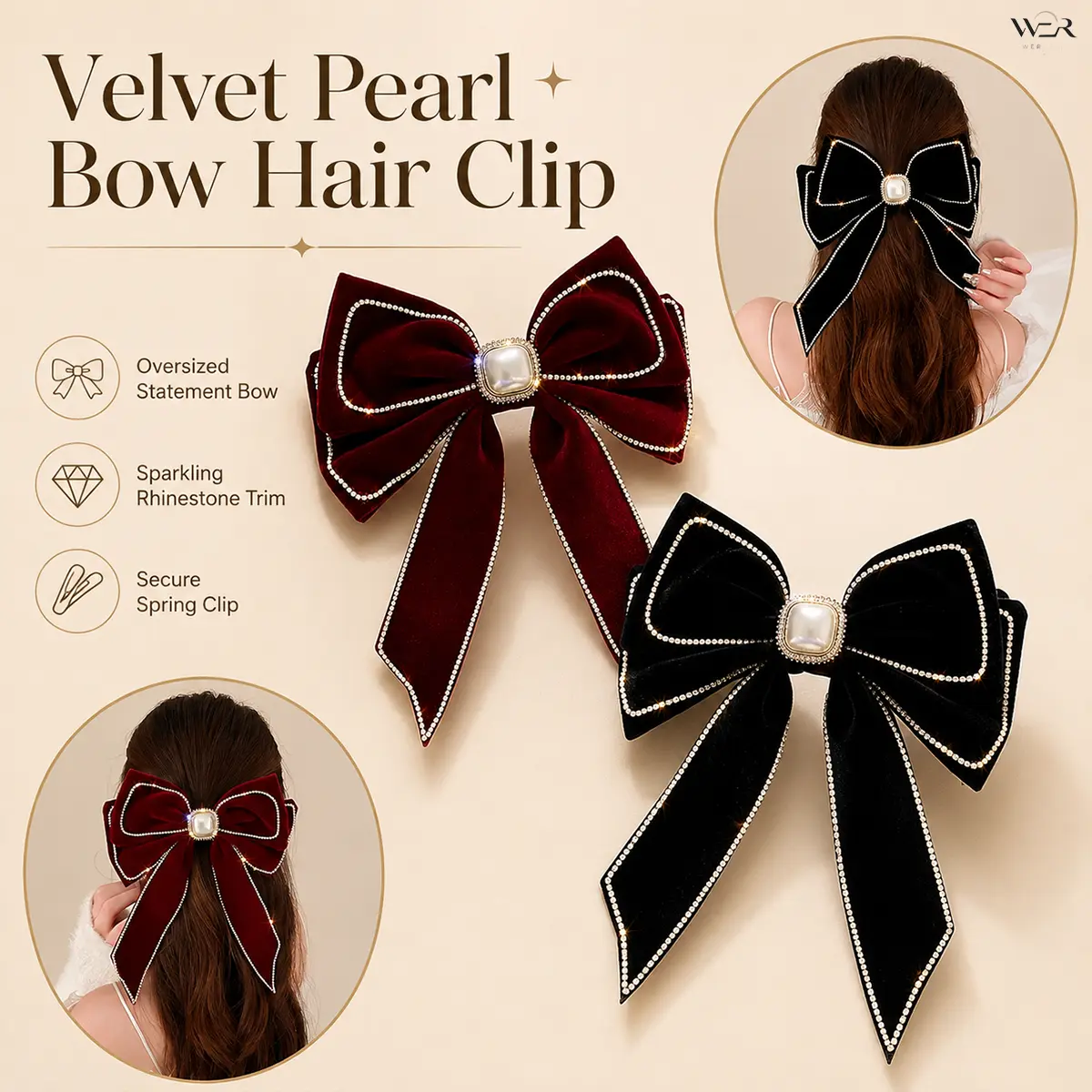 Women's Oversized Velvet Bow Barrette Hair Clip - 23.5 × 17.3 Cm, 40.3 g, Pearl & Rhinestone Trim, Bling Hair Fashion Accessory for Accessory Addict, Lightweight for Parties & Daily Wear, Glamorous, Luxury, Gift Bow Hair Clips