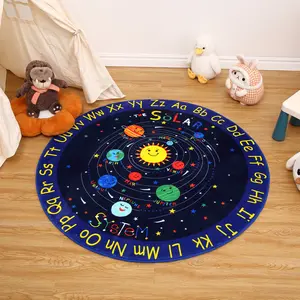 Outer Space Rug Kids Playroom Rug Solar System ABC Alphabet Educational Floor Mat Foldable Non Slip Backing Planet Carpet Ultra- Soft Low Pile Area Rug for Bedroom Classroom Nursery Playroom Home Decor ,Blue