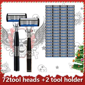 72-blade Men's Manual Shaving Set -Christmas-themed mystery box. Includes 72 blades + 2 replaceable blades for the shaving handle. Precision shaving tool for facial grooming. Men.