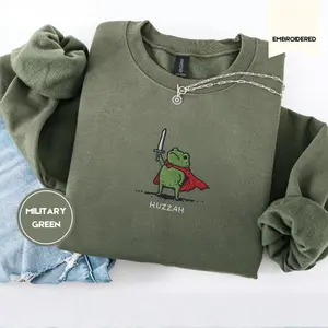 Embroidered Huzzah Frog Christmas Sweatshirt, Embroidered Medieval Frog Sweater, Funny DnD Embroidery Crewneck, Renaissance Faire Frog Gift