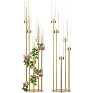 2PCS 5 Arm Tall Acrylic Floor Candle Holders Table Candelabra Centerpiece Fit LED Candle for Wedding Party Christmas Concert Prom Entrance Decorations