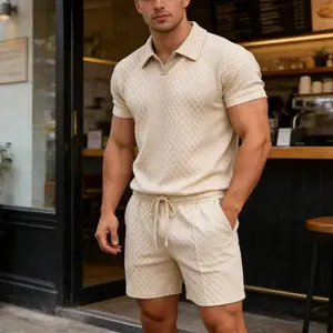 Men’s summer casual athletic set featuring a polo shirt and shorts; the shorts have a drawstring design with pockets, suitable for casual vacations and streetwear. Made from polyester fiber.#SummerVibes