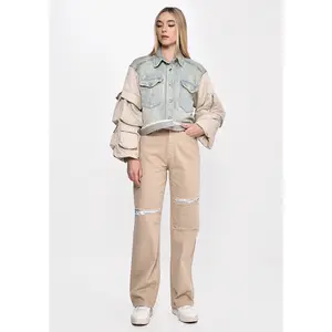Two-Tone Denim Jacket & Distressed Beige Pants Set