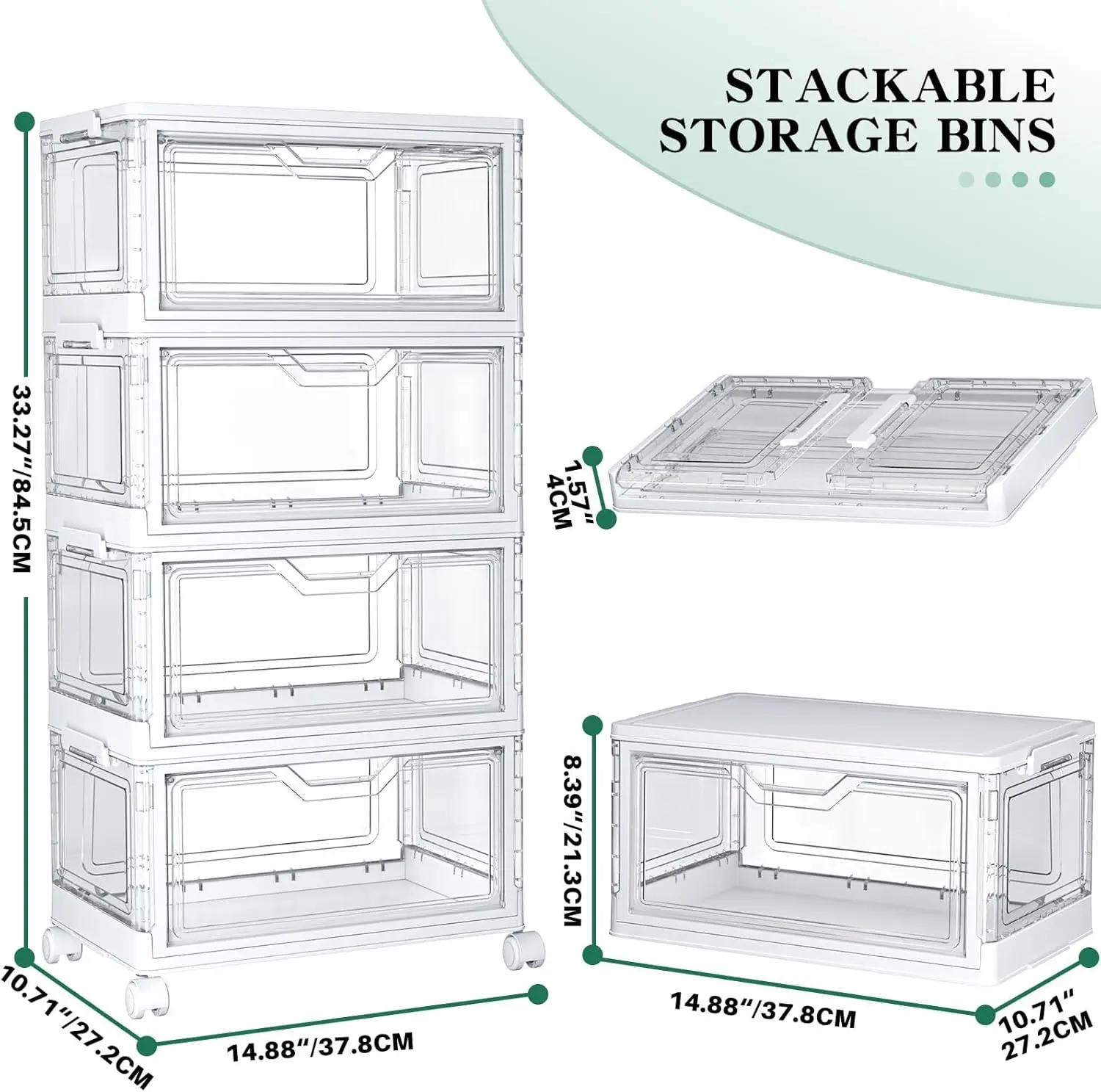Kmiectse Clear Storage Bins with Lids - 4 Tier 23qt Plastic Stackable Bins | Closet Organizers Box for Bedroom, Living Room, 23 QT Folding Box with Magnetic door