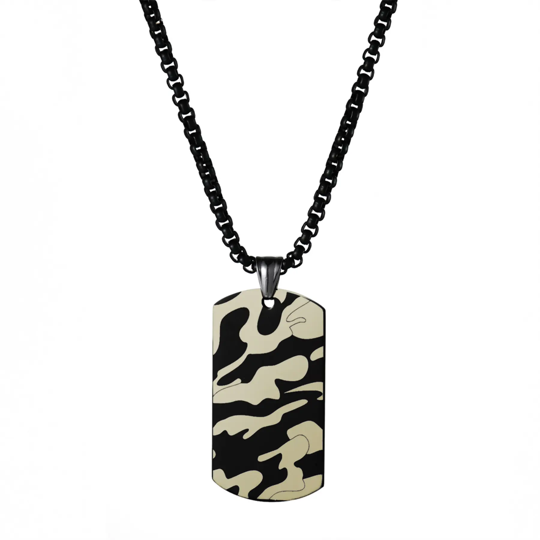 OIDEA Men's Stainless Steel Camouflage Tactical Dog Tag Pendant Necklace, 1.96" x 1.06" Pendant, 0.15"-Wide 22 in Black Wheat Chain, 1.57 oz Bold Graphic Finish Outdoor Adventure Fashion Chain Jewelry Necklaces Accessory