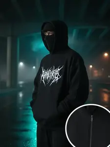 Men's trendy extreme metal "Ruthlessness" balaclava zip-up hoodie, featuring a full-face mask, a black avant-garde loose-fitting top with dark street style. It's an eye-catching item for daily looks and subcultural events.