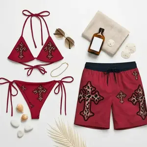 Matching Swimwear Set for Couples, Burgundy Leopard Bikini and Swim Shorts, Beach Vacation Swimwear, Summer Pool Outfit