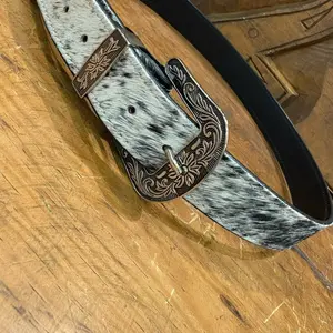 Western Style Cowhide Belt Black and White with Unique Pattern Handcrafted Genuine Leather Accessory
