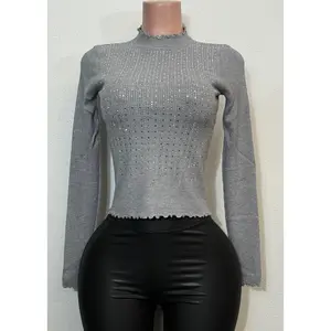 MALIA SILVER RHINESTONE LONG SLEEVE HIGH NECK SWEATER TOP