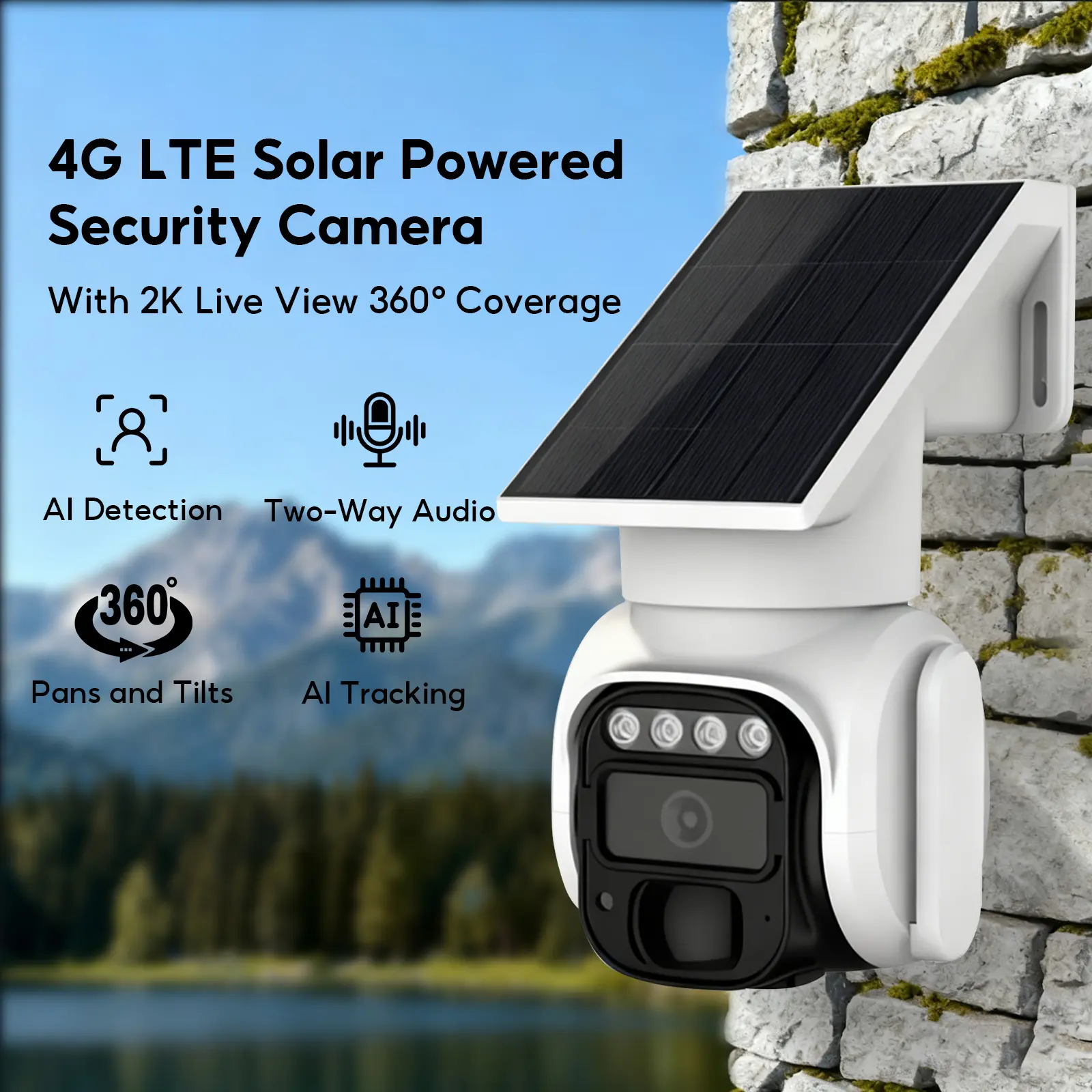 Solar Powered 4G LTE Security Camera, 4MP HD Outdoor Cellular Camera with Built-in SIM Card, Color Night Vision, No WiFi Required, IP65 Waterproof Remote Monitoring for Farm, Home & Ranch