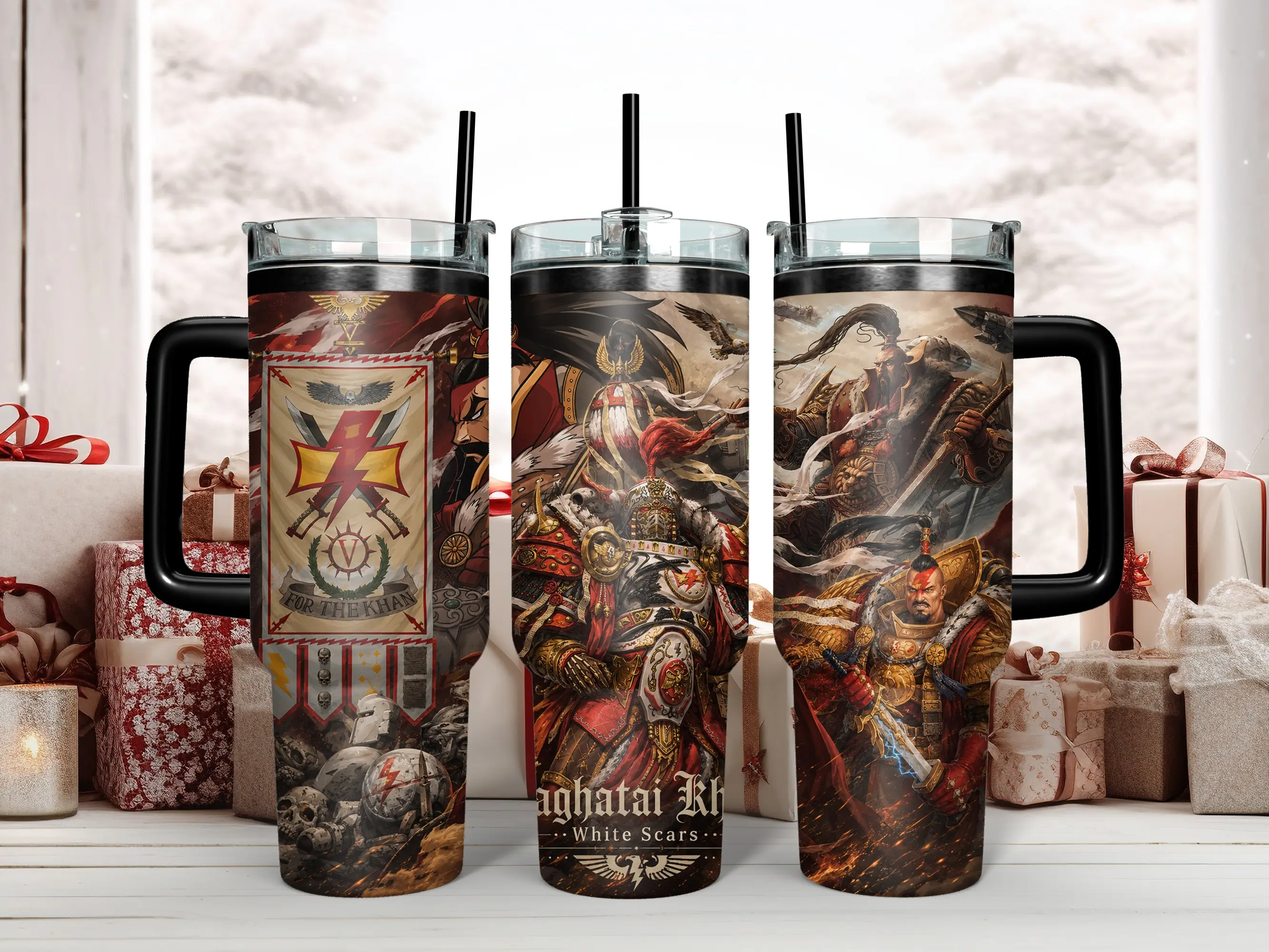 Warhammer 40K Jaghatai Khan Primarch of the White Scars 40oz Insulated Stainless Steel Tumbler - Epic Horus Heresy Space Marine Art Travel Mug with Handle & Straw - Perfect Grimdark Gift for Tabletop Gamers