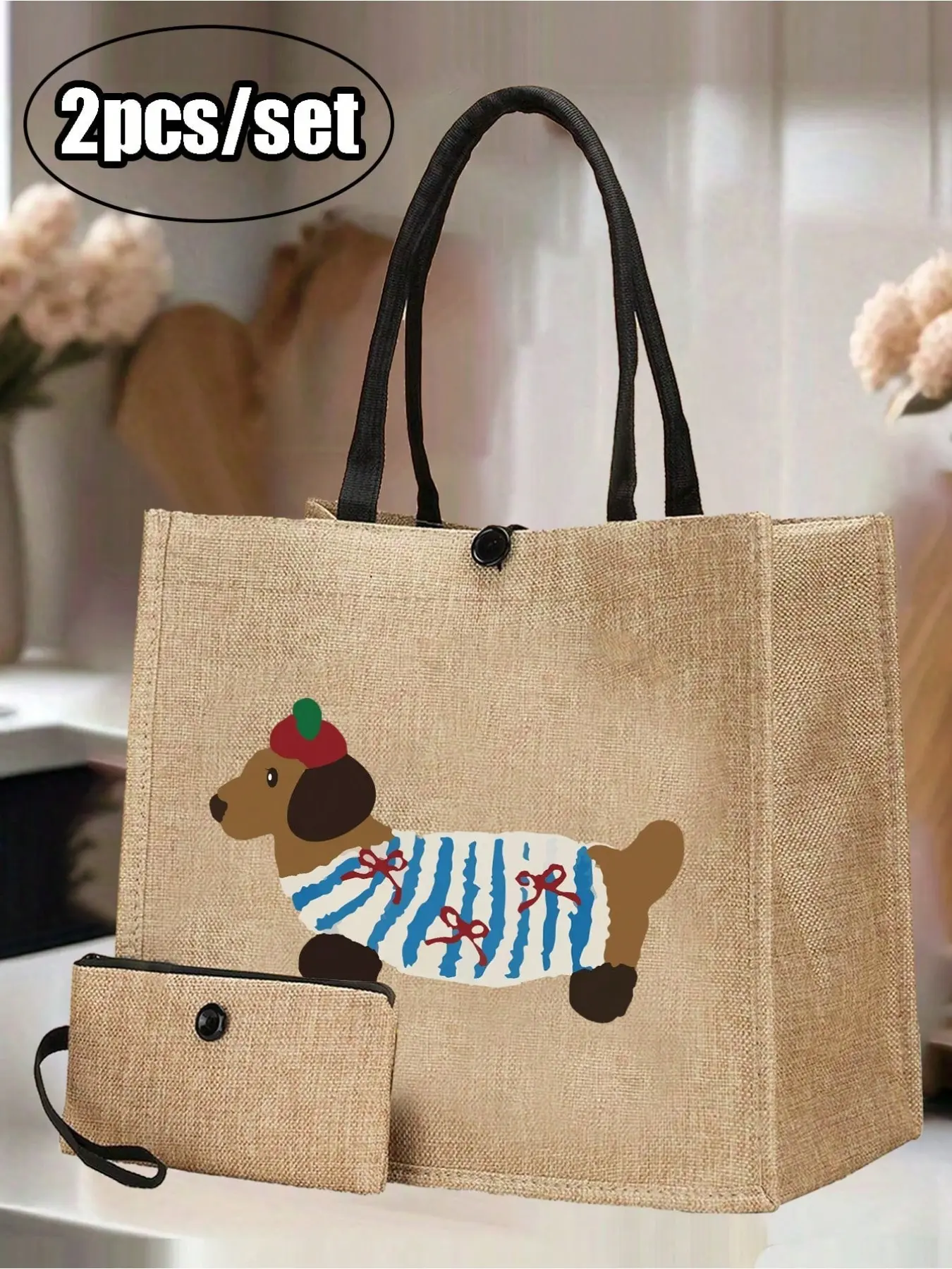 Cute Dachshund Themed Tote Bag Set, Including One Tote Bag And One Coin Purse, Dachshund Dog, Bow, Blue And White Stripe Pattern, Large Capacity Handbag, Shoulder Bag, Linen Shopping Bag, Beach Bag; Beauty Bag