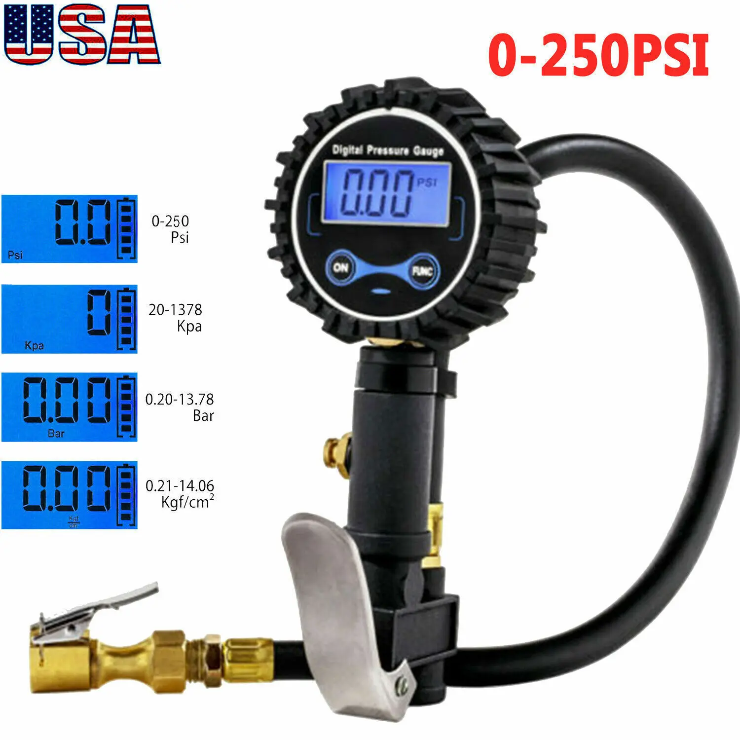 250 PSI Digital Tire Inflator Gauge with LCD Display, Air Chuck and Pressure Gauge for Cars, Trucks, SUVs, Motorcycles and Bicycles
