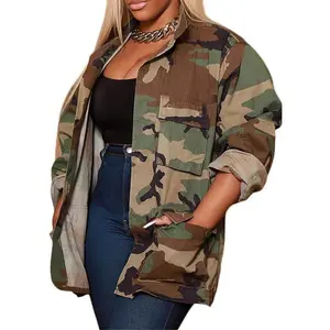 Women’s long-sleeve denim camouflage jacket with button-down front, army fatigue camouflage, pockets
