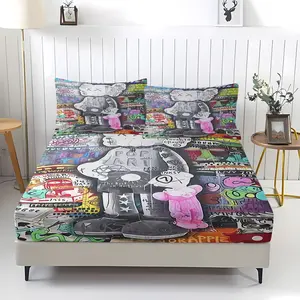 KAWS Pop Art Graffiti Sheet Set, 1 Fitted Sheet with 1/2 Pillowcases, Bedding Set, Modern Urban Art Bed Sheets for Teens & Dorms, All-Season