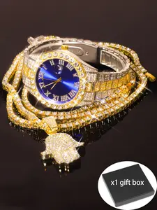 Men's Rhinestone Decorated Watch & Hand Design Pendant Necklace, Jewelry Watch Set, Fashion Watch Set for Party, Daily Decor, Trendy All-match & Exquisite Watch Set for Birthday Gift