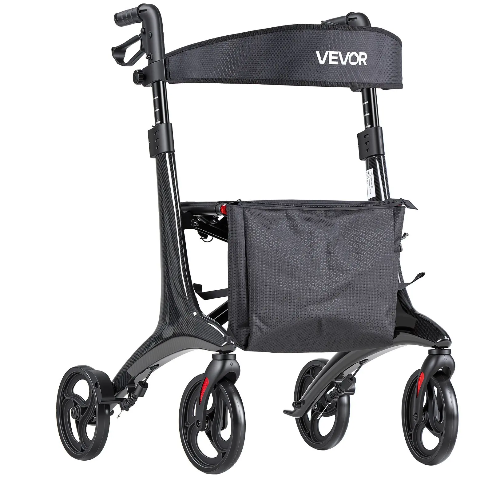 VEVOR Carbon Fiber Collapsible Rolling Walker for Seniors - 8" Wear-Resistant Solid PVC Wheels, Height Adjustable Handle, Dependable Braking System, Cushioned Seat, 300 lbs Capacity, Compact Folding, Lightweight Mobility Aid, Shock-Absorbing