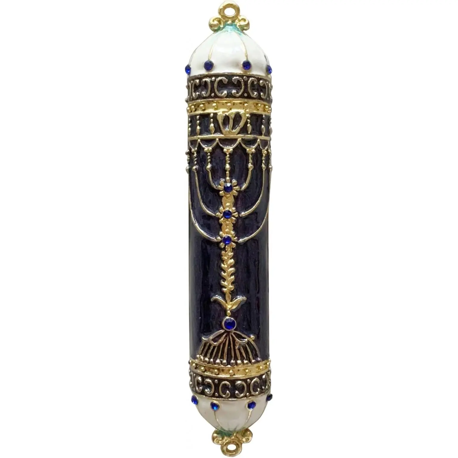 Judaism Lightweight Metal Mezuzah - Hand-Painted Black and Gold Enamel with Blue Crystal Accents, Doorway Mount Home Hanging Decor, Ideal Spiritual Gift with Included Scroll