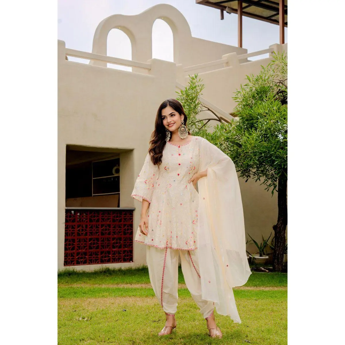 Cotton Embroidered Round Neck Kurti Set