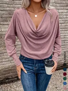 Women's Casual Ruched Long Sleeve T-Shirt, New European-Style Top in Comfortable Stretch Fabric, Perfect for Fall & Winter