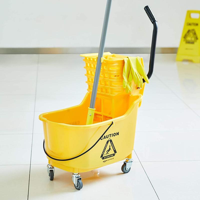 Side Press Wringer Combo Commercial Floor Cleaning Rectangular Mop Bucket on Wheels, 35-Quart, Yellow