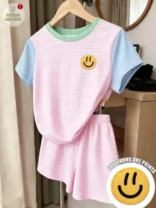 Teen Girl Summer Color Block Striped Blue Embroidered Face Print Set, Loose Casual Short Sleeve Top + Shorts Two Piece Set