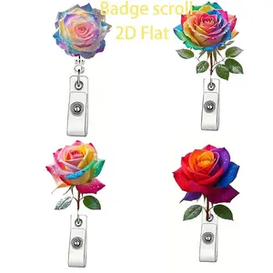 Rainbow Rose Telescopic Badge Clip, DIY Fashion Identity, Metal Clip, Easy to Hang, Practical for Offices, Exhibitions, Schools, Hospitals