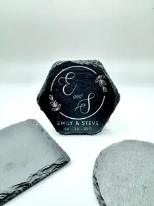 Personalized Custom Engraved Slate Coaster Set for Wedding Anniversary or Logo Design with Name & Date Etching