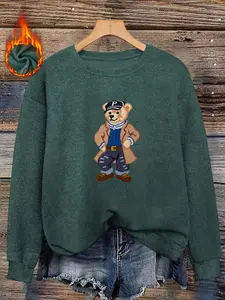 Thick Faux Fur Fabric Round Neck Top, Cool Gentleman Bear Design, Soft and Warm, Slimming, Casual Loose Fit, Fall & Winter Fashion
