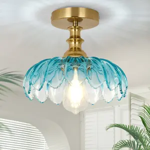 Vintage Semi Flush Mount Ceiling Light |  Blue/Pink/ Light Green Glass Flower Lamp | Boho Lighting for Hallway Kitchen Bedroom Porch，E26，Bulb not included