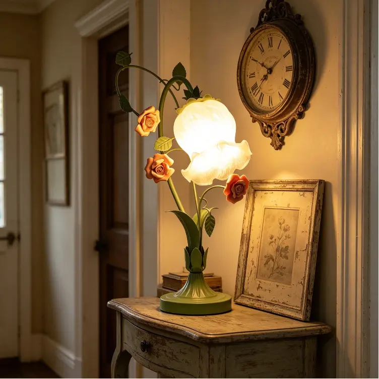 CNCEST 16.9in Handmade Floral Table Lamp - Glass Lampshade, Ceramic Rose Accent, Cord-Switch Indoor Mood Lighting, Artistic Hand-Painted Illuminated Flowers Novelty Lighting for Bedroom, Living Room (Bulb Not Included), Table Lamps, Flower Lamp Novelty Li
