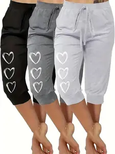 3-Pack Casual Capri Pants Set, Hollow Out Heart Print with Bow, Comfortable Wear-Outside Home Pants, Stylish and Cozy