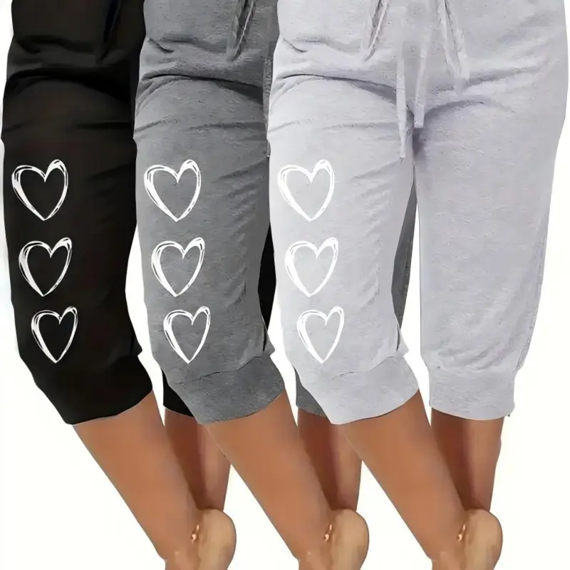 3-Pack Casual Everyday Loungewear Capri Pants Set, Hollow Out Heart Print with Bow, Comfortable Soft Wear-Outside Home Pants, Stylish Aesthetic and Cozy, All Season Bottoms