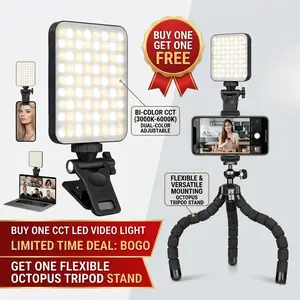 2-in-1 Rechargeable Clip LED Selfie Light & Adjustable Flexible Octopus Tripod - Mobile Cellphone Accessory with Secure Grip for Desktop Livestream, Video Recording