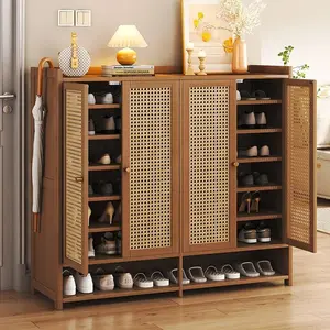 8 Tier Bamboo Shoe Storage Cabinet with Doors 38-42 Pairs Shoe Rack for Closet Rattan Storage Cabinet with Doors for Hallway L