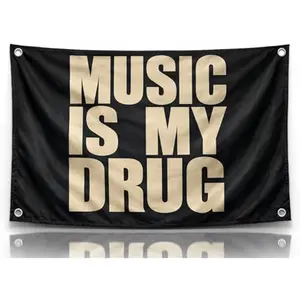 Musical Quote Flag Music Is My Life Black Single Sided Polyester Banner with Brass Grommets Man Cave Wall Decor College Dorm Room Aesthetic Gift