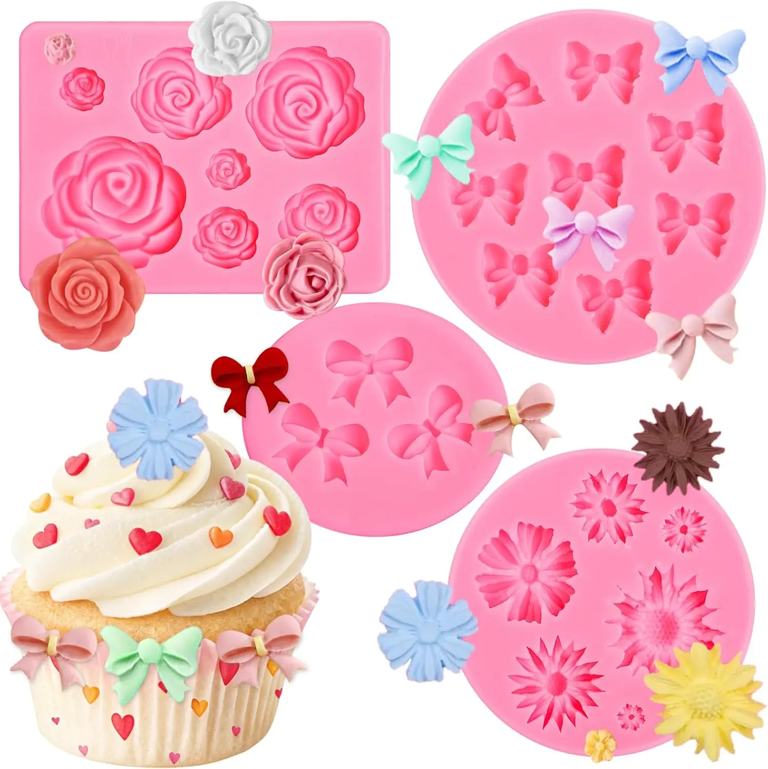 4 Pcs Flower & Bow Silicone Molds for Chocolate and Candy | Flower Chocolate Molds, Bow Candy Mold, Silicone for Wax Melts, Wax Melts Birthday Cake Decoration