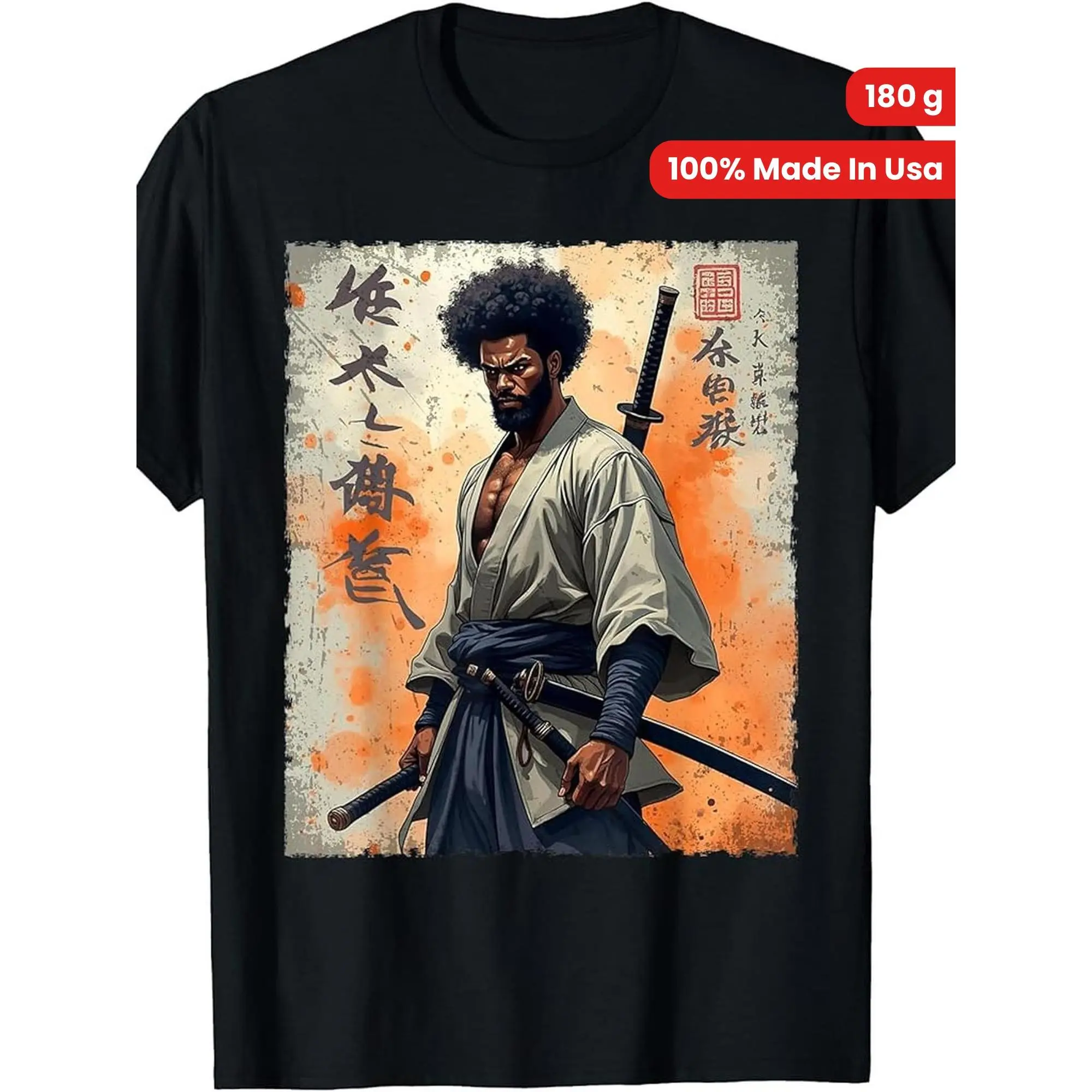[Made in USA] 180g Vintage African Samurai Afro American Bushido Warrior Katana T-Shirt |     100% Made in USA
