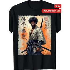 [Made in USA] 180g Vintage African Samurai Afro American Bushido Warrior Katana T-Shirt |   100% Made in USA