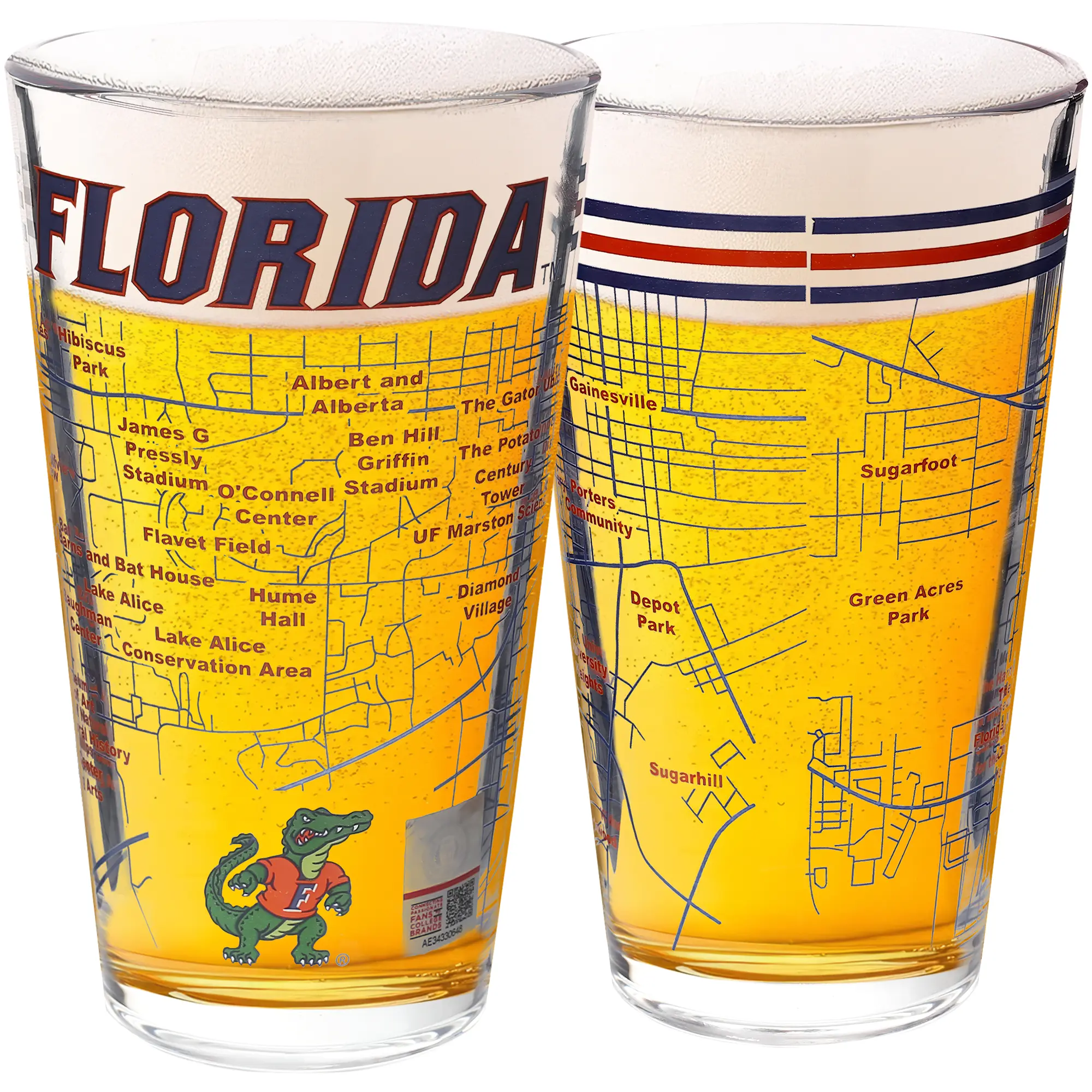 University of Florida Gators College Pint Beer Glasses Set of 2 16 oz Full Color Logo Campus Map Drinkware Heavy Weighted Bottom Dishwasher Safe