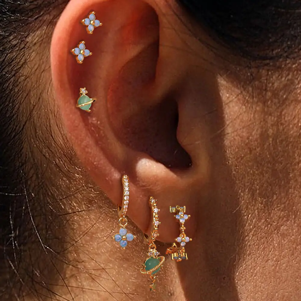 6 Counts S925 Sterling Silver Hypoallergenic Cartilage Earrings for Women - Dainty Gold Earrings Set 14K Gold Plated Small Ivy Flower Stud Huggie Hoo