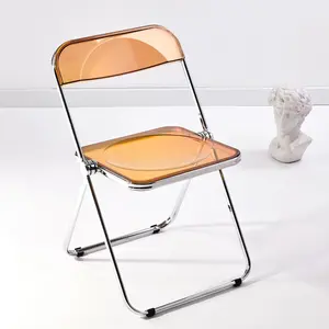 Luxury Modern  Folding Chair Transparent Chairs-Ghost Stackable  Folding Chair-PC Plastic Living Room Seat-Chrome Frame and Foldable  Chair for Outside Inside-Tawny