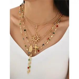 6PCS Women's Gold Color-Diamond Layered Necklace SetSun Pattern/Cross/Icon Pendant Design Retro Religious StyleVersatile for Daily Commute, Dates & GatheringsMulti-Scene WearExquisite Fashion Accessory