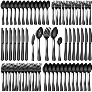65 count Black Silverware Set with Serving Utensils, Stainless Steel Flatware Set for 12  Grade Cutlery Utensil Set Include  Fork Spoon Mirror Polished Dishwasher Safe
