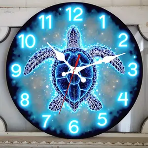 Neon-Style Wooden Silent Wall Clock 10x10" Round Battery-Powered Decorative Clock with Glowing Turtle & Starry Night Design Perfect Gift for Christmas Halloween or Seasonal Holiday Décor Cute Nature-Inspired Art Craft