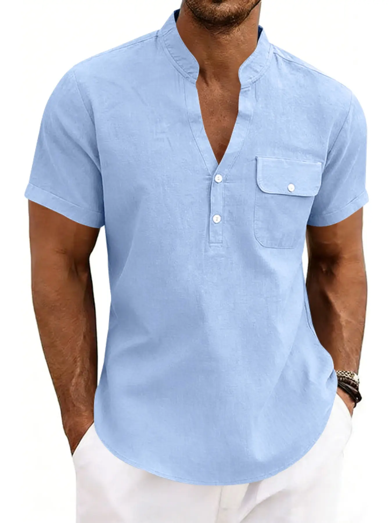 Men's Linen Cotton Loose Henry Shirt, Short Sleeve Mandarin Collar Chest Pocket Casual Soft Shirt Top, Summer Breathable Basic Tee, Multi-Color, Menswear Fabric