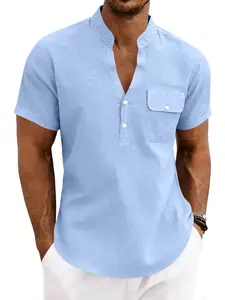 Men's Linen Cotton Loose Henry Shirt, Short Sleeve Mandarin Collar Chest Pocket Casual Top, Summer Breathable Basic Tee, Multi-Color, Menswear Fabric
